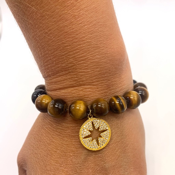 Genuine tigers eye 10mm gemstone beaded bracelet pave charm